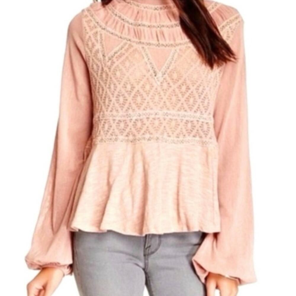 Free People Floral Lace High Neck Peplum Blouse Pink Mauve XS EUC Boho Chic